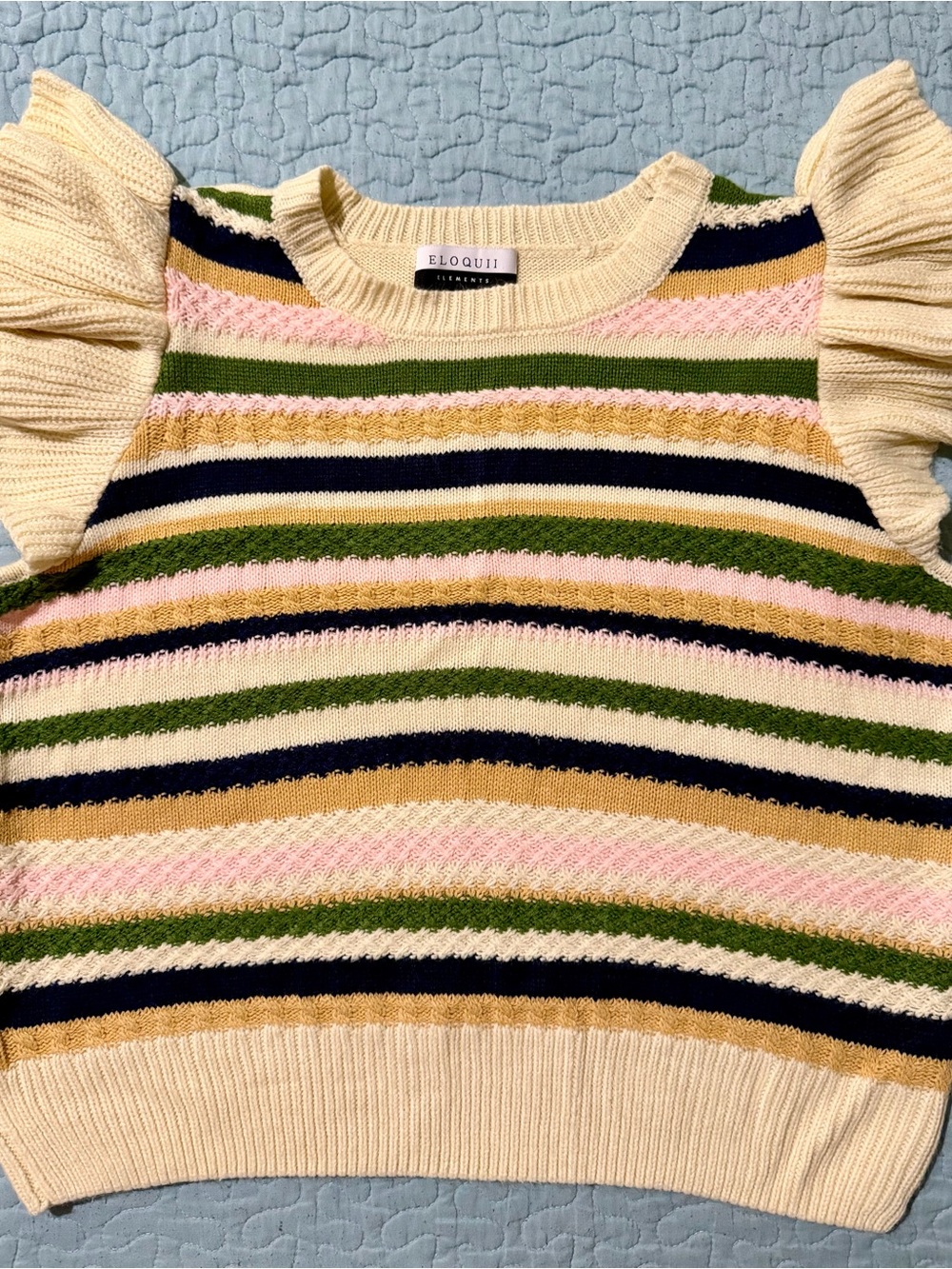 Eloquii Cream Striped Flutter-Sleeve Sweater with Pink, Green & Navy